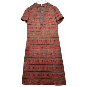 Vintage Red Geometric Tapestry‎ Knit Shift Dress Short Sleeve Mock Neck Retro